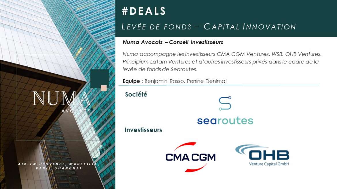 Numa Avocats accompagne les investisseurs CMA CGM Ventures, WSB, OHB Ventures, Principium Latam Ventures et d’autres investisseurs privés dans le cadre de la levée de fonds de Searoutes