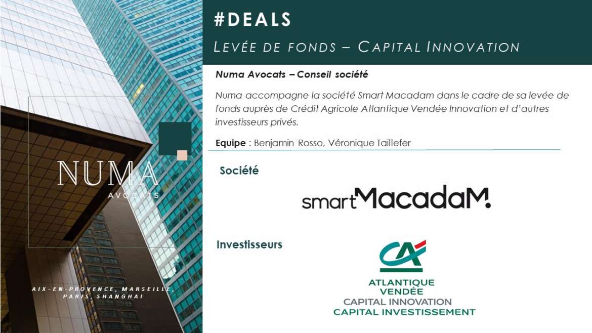Numa Avocats accompagne Smart Macadam dans le cadre de la levée de fonds auprès du fonds d’investissement impact Atlantique-Vendée Innovation (AVI) du Crédit Agricole & d’investisseurs privés