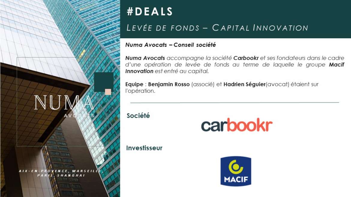 Numa Avocats accompagne la société Carbookr et ses fondateurs dans le cadre l’entrée au capital de groupe MACIF via son véhicule d’investissement Macif Innovation et du réinvestissement du Groupe Inter Mutuelle Assistance