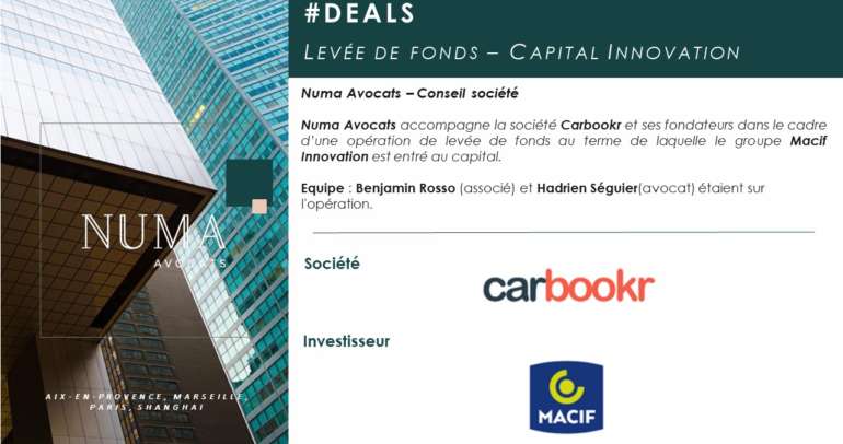 Numa Avocats accompagne la société Carbookr et ses fondateurs dans le cadre l’entrée au capital de groupe MACIF via son véhicule d’investissement Macif Innovation et du réinvestissement du Groupe Inter Mutuelle Assistance