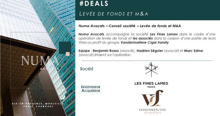 Numa Avocats accompagne la société Les Fines Lames dans le cadre d’une opération de levée de fonds et les associés dans la cession d’une partie de leurs titres au profit du groupe Vandermarliere Cigar Family