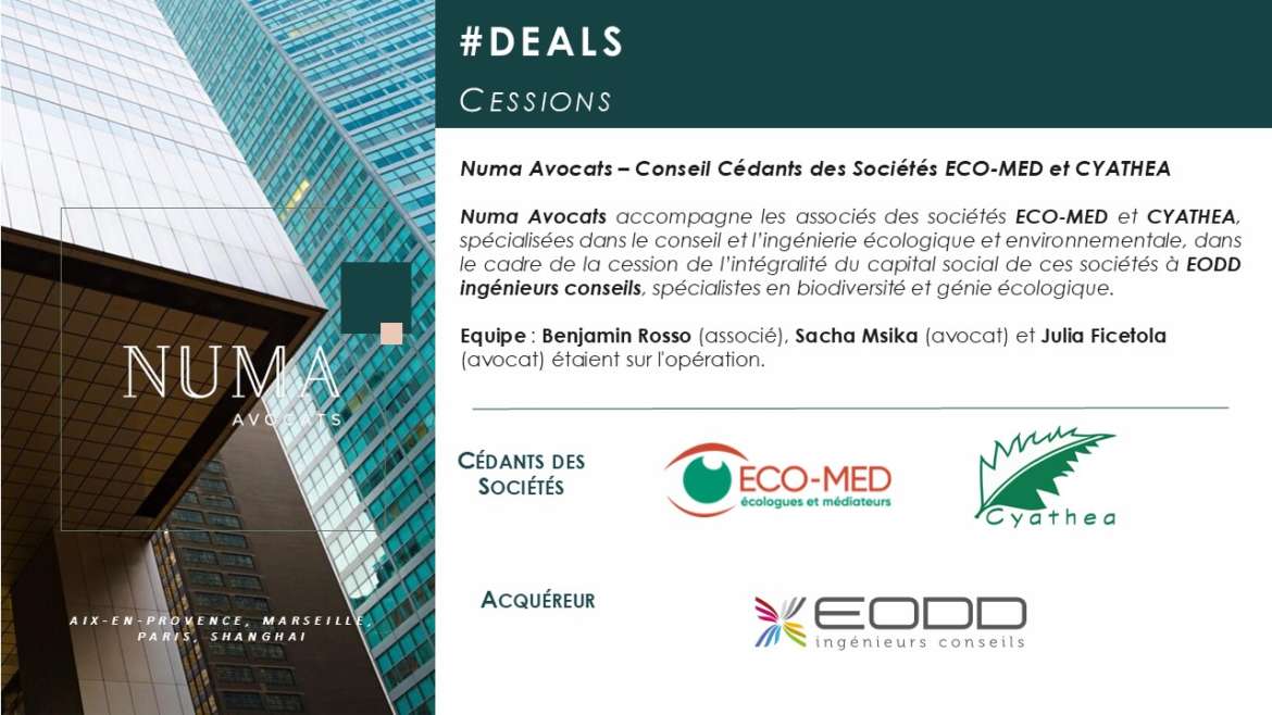 Numa Avocats accompagne les associés des sociétés ECO-MED et CYATHEA dans le cadre de la cession de ces sociétés à EODD ingénieurs conseils