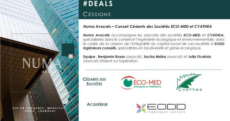 Numa Avocats accompagne les associés des sociétés ECO-MED et CYATHEA dans le cadre de la cession de ces sociétés à EODD ingénieurs conseils