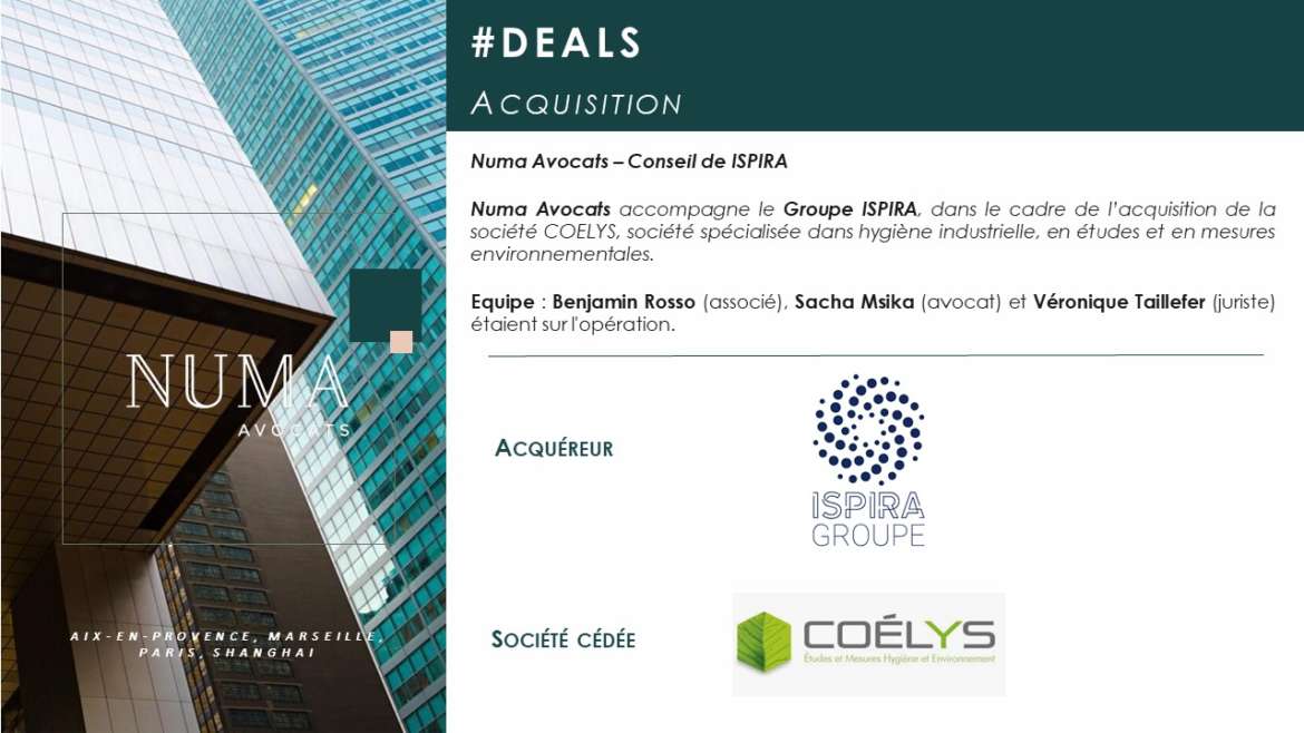 Numa Avocats accompagne le Groupe ISPIRA dans le cadre de l’acquisition de la société COELYS
