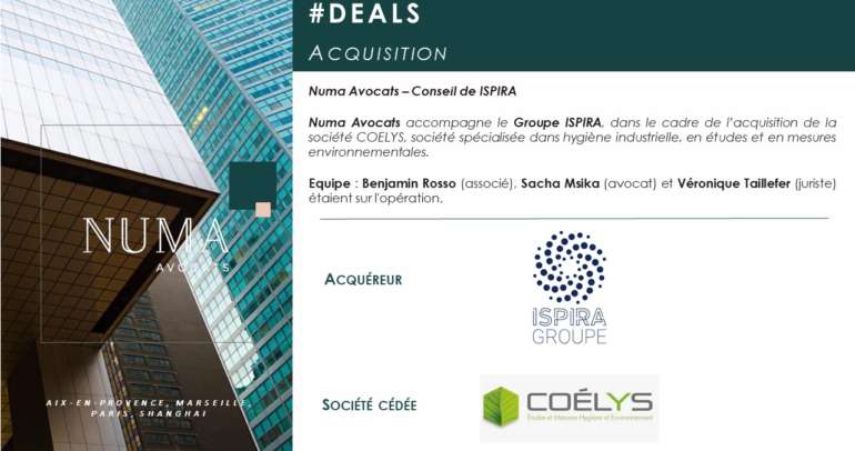 Numa Avocats accompagne le Groupe ISPIRA dans le cadre de l’acquisition de la société COELYS