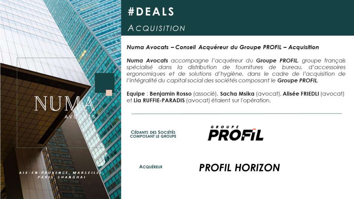 Numa Avocats accompagne l’acquéreur des sociétés composant le Groupe PROFIL
